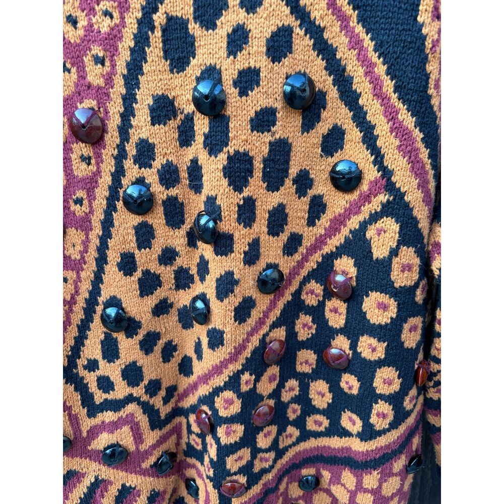 Vtg Adrienne Vittadini Art Deco Beaded Sweater Sz M Patchwork Oversized Cotton - Picture 4 of 8